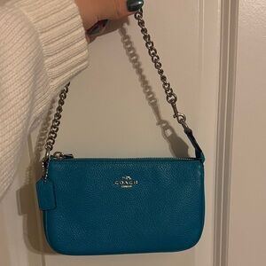 Coach Teal Leather Wristlet with Chain Strap